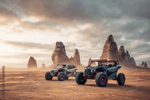 Two CanAm Mavericks Roam a Sandy Desert Landscape Beneath a Cloudy Sky