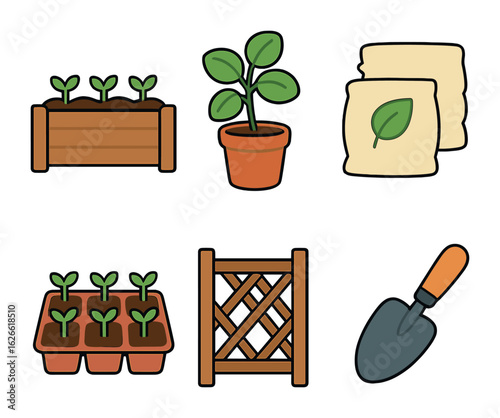 Garden Essentials Icons. Flat vector mini-illustrations Raised beds and planters in colors children's