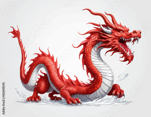 The dragon is an intense, solid red color, and it is shown in a crouched, powerful stance with its large, bat-like wings spread wide. Its head is turned to the left, and its mouth is open in a fearsom