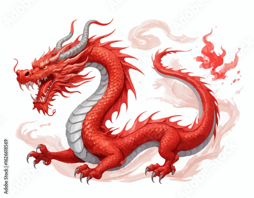 The dragon is an intense, solid red color, and it is shown in a crouched, powerful stance with its large, bat-like wings spread wide. Its head is turned to the left, and its mouth is open in a fearsom