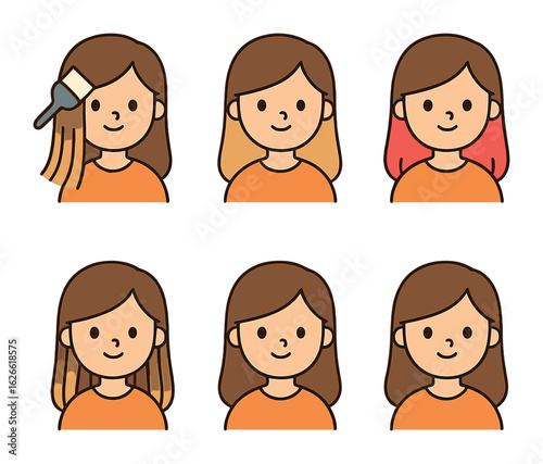 Hair Coloring Techniques. Flat vector mini-illustrations Hair coloring techniques in colors children's