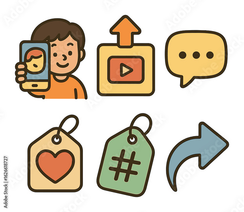 Social Media Fun. Flat vector mini-illustrations People sharing experiences through social media in colors