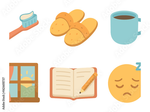Morning Routine Icons. Flat vector mini-illustrations Personal vlogs and daily moments in colors children's