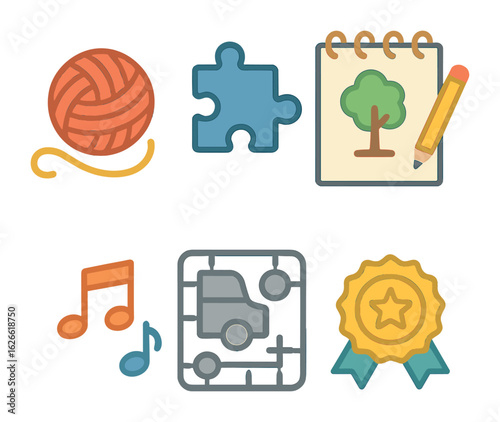 Colorful Hobby Icons. Flat vector mini-illustrations Hobbies and passion projects online in colors children's
