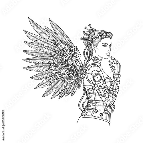 Steampunk Angel Illustration: Ornate Mechanical Wings and Futuristic Victorian Aesthetics