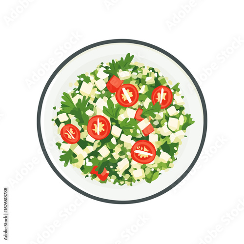 2D flat vector illustration of a Tabbouleh in icon style, isolated on white background