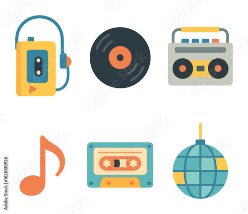Retro Music Icons. Flat vector mini-illustrations Old-school music vibes in colors children's illustrations:
