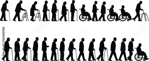 Elderly mobility progression, aging support, walking aids, wheelchair use, senior care, rehabilitation, independence, health, aging population, medical assistance
