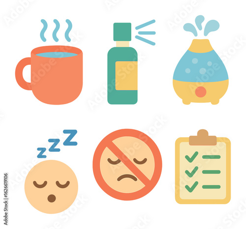 Vocal Care Icons. Flat vector mini-illustrations Daily vocal care routine in colors children's illustrations: