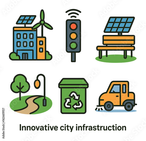 Innovative City Infrastructure. Flat vector mini-illustrations Innovative city infrastructure in colors