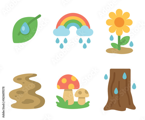 Rainy Day Nature Icons. Flat vector mini-illustrations Rain and nature in colors children's illustrations: