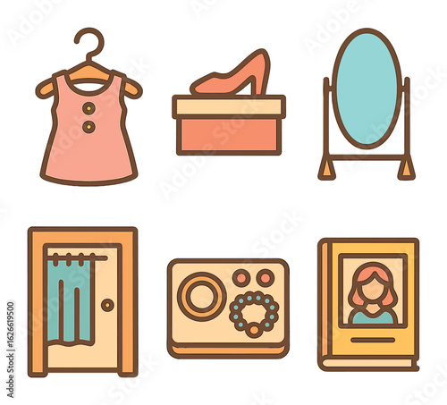 Children's Fashion Illustrations. Flat vector mini-illustrations Fashion shopping in colors children's