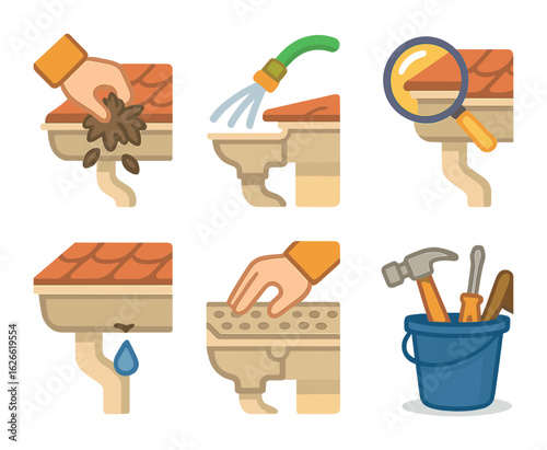 Kids' Gutter Cleaning Icons. Flat vector mini-illustrations Gutter cleaning steps in colors children's