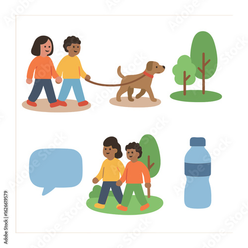 Walking in the Park. Flat vector mini-illustrations Going for a walk with a friend or family member in colors