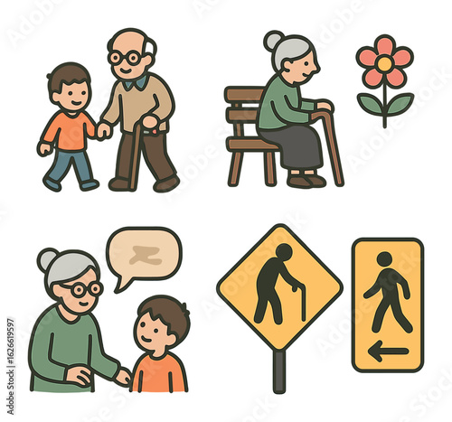 Walking with Grandparents. Flat vector mini-illustrations Walking with grandparents in colors children's