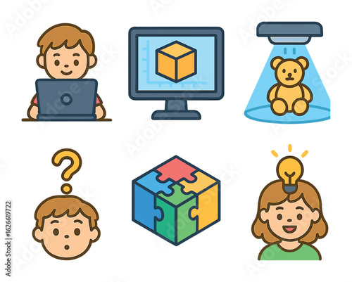 Kids Exploring 3D Modeling. Flat vector mini-illustrations Kids learning 3D modeling in colors children's