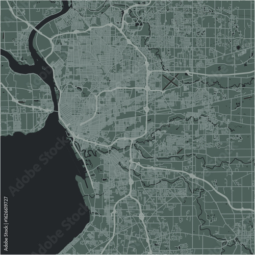Map of Buffalo in New York in a smooth dark style. Contains layered vector with roads water, parks, etc.