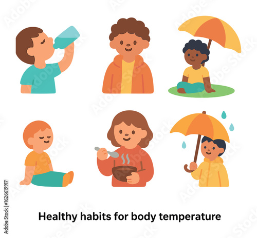 Healthy Habits Icons. Flat vector mini-illustrations Healthy habits for body temperature in colors children's