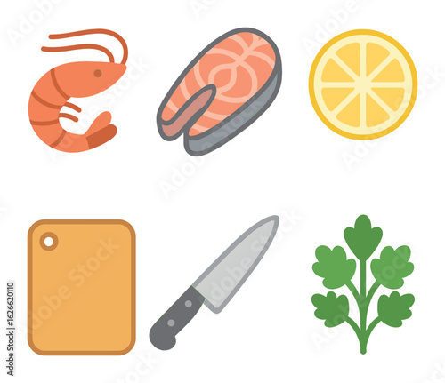 Seafood Cooking Icons. Flat vector mini-illustrations Preparing a fresh seafood dish with shrimp or fish in