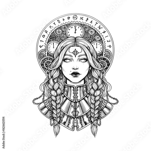 Steampunk Enchantress: Intricate Portrait of a Woman with Clockwork and Rune Details