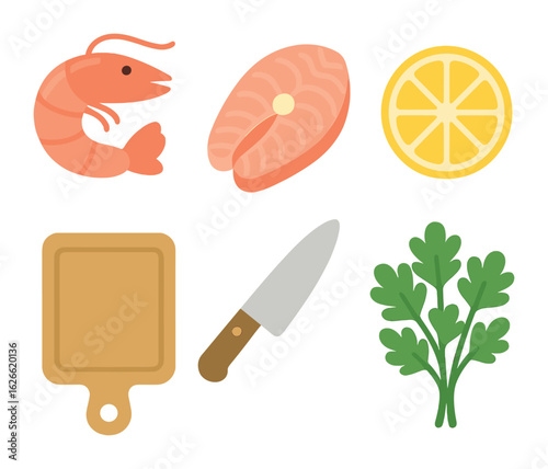 Seafood Cooking Icons. Flat vector mini-illustrations Preparing a fresh seafood dish with shrimp or fish in