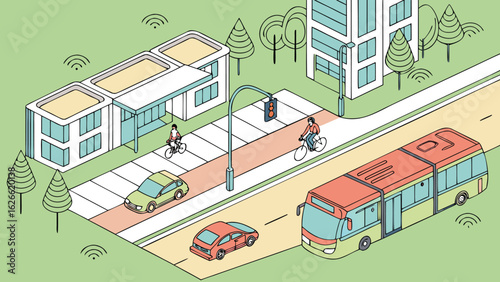 Isometric view of city street with bus cars cyclists trees and buildings on a light green background
