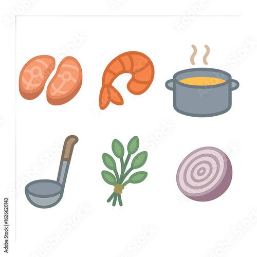 Seafood Soup Icons. Flat vector mini-illustrations Seafood soup preparation in colors children's illustrations