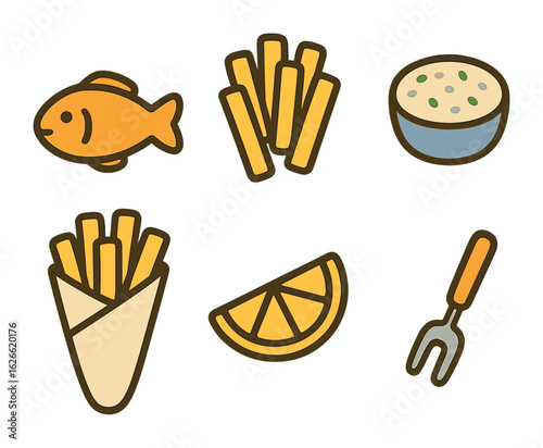 Fish and Chips Icons. Flat vector mini-illustrations Fish and chips dish in colors children's illustrations:
