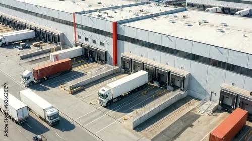 Ai generated aerial view of a logistics and distribution center with many trucks and trailers at loading docks, symbolizing commerce and transportation 4k video