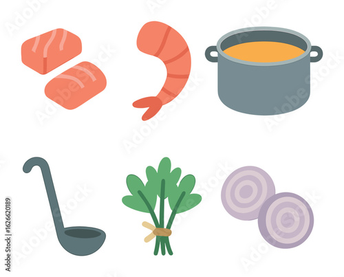 Seafood Soup Icons. Flat vector mini-illustrations Seafood soup preparation in colors children's illustrations
