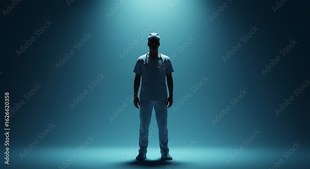 Fototapeta premium nurse silhouette in spotlight, top position with clear copy space below. ,hyper realistic digital art ,isolated on bright background