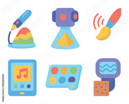 Futuristic Art Tools. Flat vector mini-illustrations Creative future tools in colors children's illustrations: