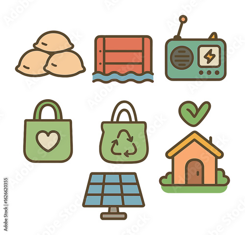 Climate Resilience Icons. Flat vector mini-illustrations Climate resilience actions in colors children's