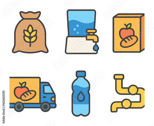 Emergency Supplies Icons. Flat vector mini-illustrations Food and water security in colors children's