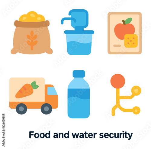 Emergency Supplies Icons. Flat vector mini-illustrations Food and water security in colors children's