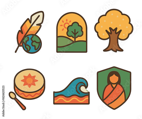 Indigenous Climate Symbols. Flat vector mini-illustrations Indigenous climate leadership in colors children's