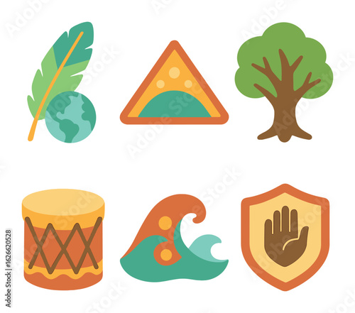 Indigenous Climate Symbols. Flat vector mini-illustrations Indigenous climate leadership in colors children's