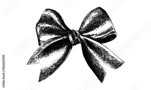 Retro dotted halftone bow ribbon in grainy photocopy texture, vector illustration for grunge punk y2k collage design, experimental vintage banner with punk gothic bitmap vibes