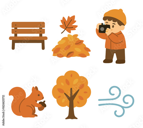 Autumn Park Scenes. Flat vector mini-illustrations Park visits in fall weather in colors children's