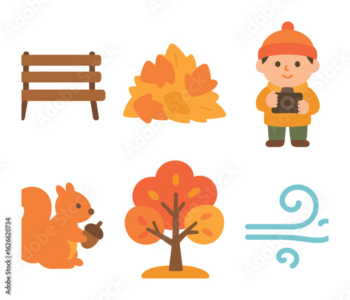 Autumn Park Scenes. Flat vector mini-illustrations Park visits in fall weather in colors children's