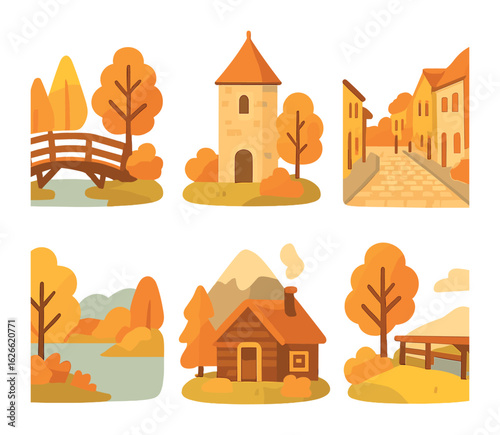 Autumn Landmark Icons. Flat vector mini-illustrations Scenic landmarks in autumn light in colors children's