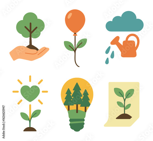 Surreal Reforestation Creativity. Flat vector mini-illustrations Surreal reforestation hope in colors children