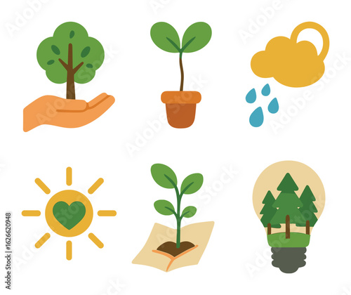 Surreal Reforestation Creativity. Flat vector mini-illustrations Surreal reforestation hope in colors children