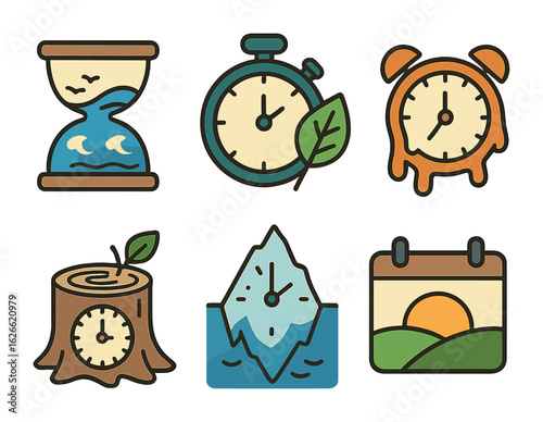 Climate Time Icons. Flat vector mini-illustrations Time and urgency in climate art in colors children's