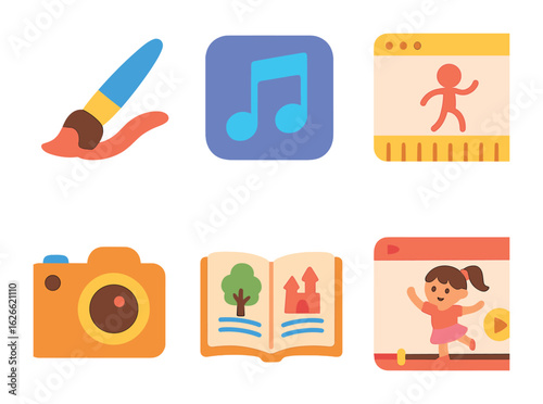 Creative Kids' Tools. Flat vector mini-illustrations Creative skills online in colors children's illustrations