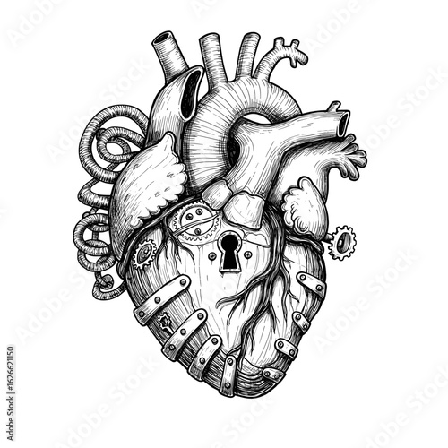 Steampunk heart illustration: a fusion of organic and mechanical aesthetics in detailed artwork
