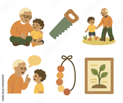 Sharing Generational Knowledge. Flat vector mini-illustrations Intergenerational knowledge sharing in colors