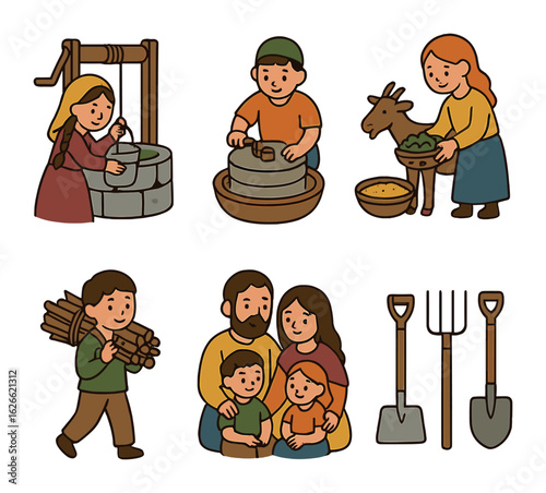 Rural Life Icons. Flat vector mini-illustrations Daily life in rural culture in colors children's