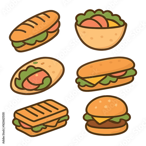 Regional Sandwich Icons. Flat vector mini-illustrations Regional sandwich styles in colors children's