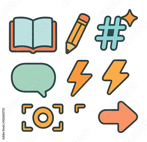 Children's Icon Grid. Flat vector mini-illustrations Creative storytelling through hashtags in colors children